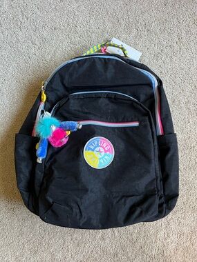 Kipling Black Seoul XL Backpack with Rainbow Trim and Pom Charm